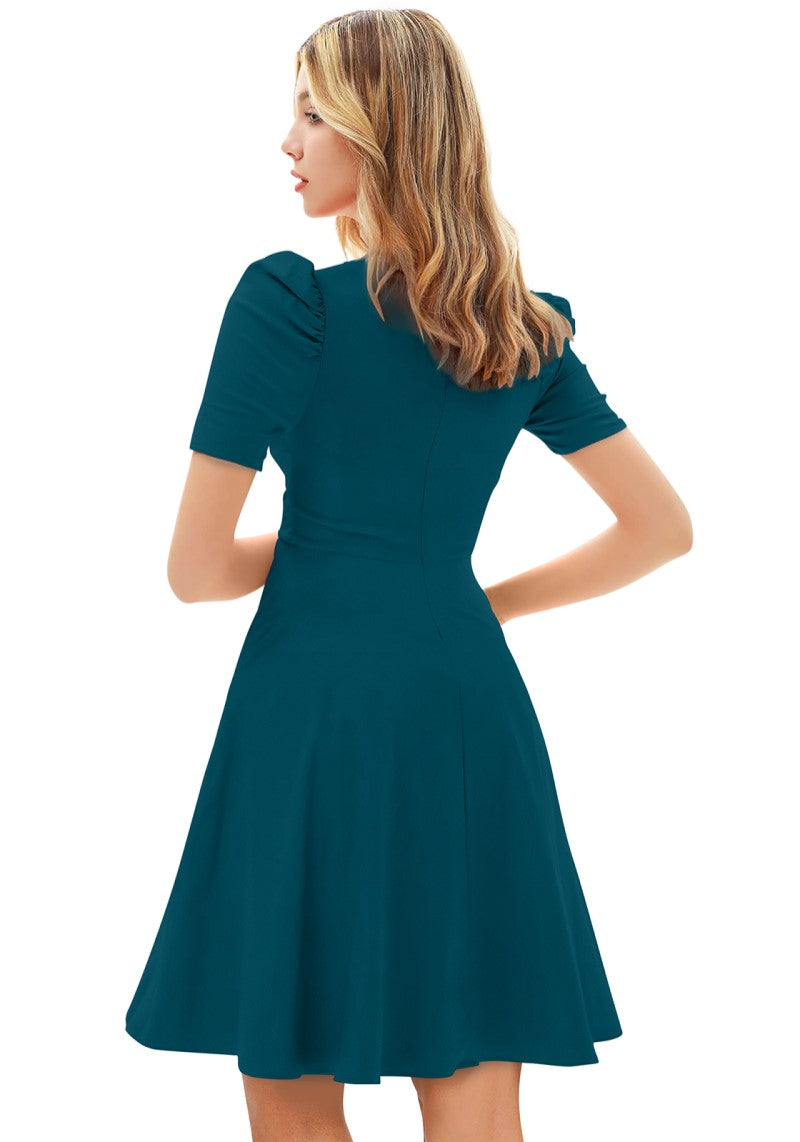 Designer Morpich Solid Puff Sleeves Skater Midi Dress