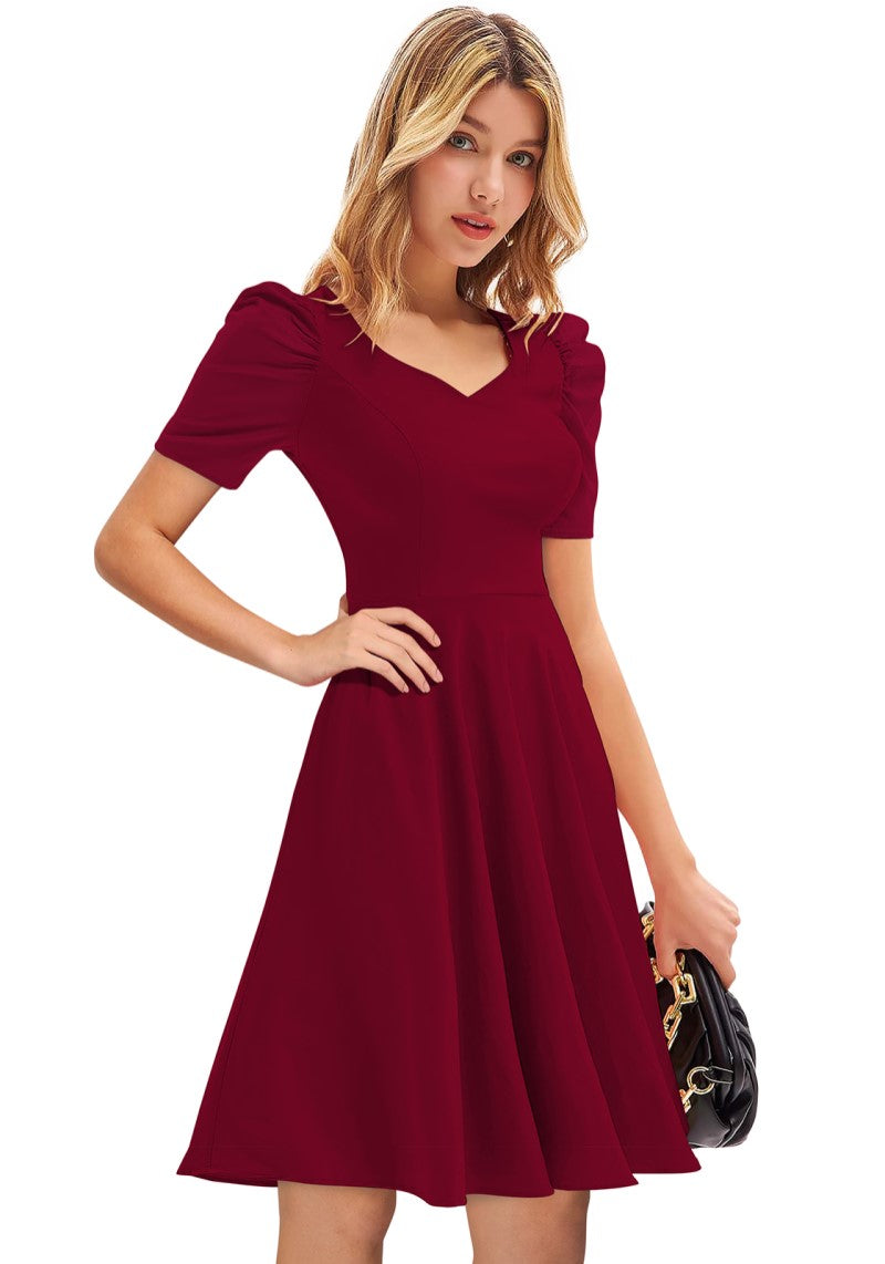 Designer Maroon Solid Puff Sleeves Skater Midi Dress