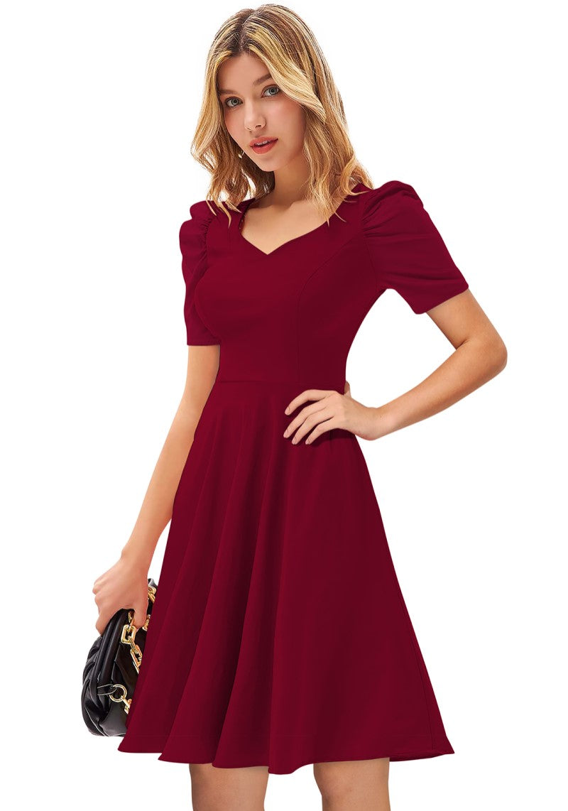 Designer Maroon Solid Puff Sleeves Skater Midi Dress