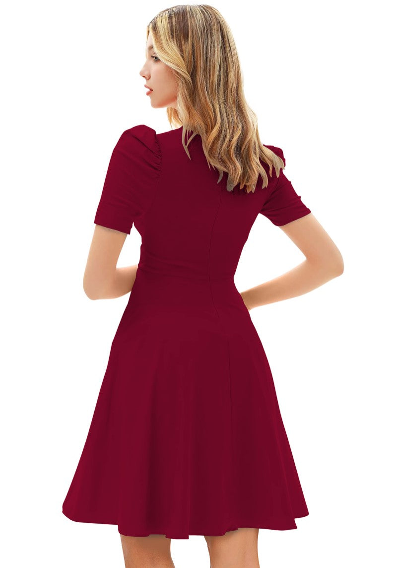 Designer Maroon Solid Puff Sleeves Skater Midi Dress