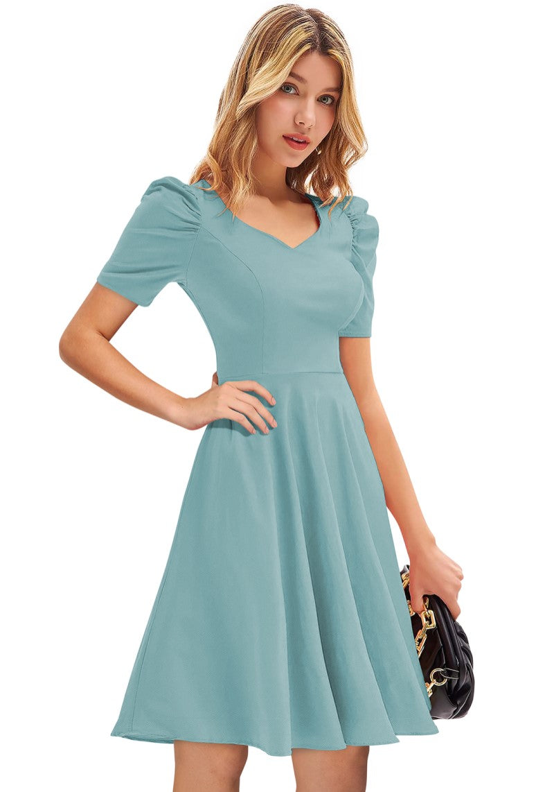 Designer Solid Puff Sleeves Skater Midi Dress