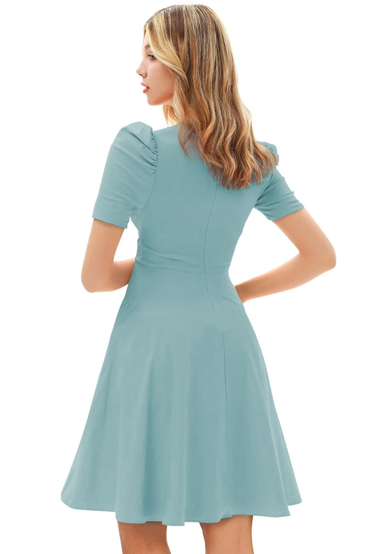 Designer Solid Puff Sleeves Skater Midi Dress