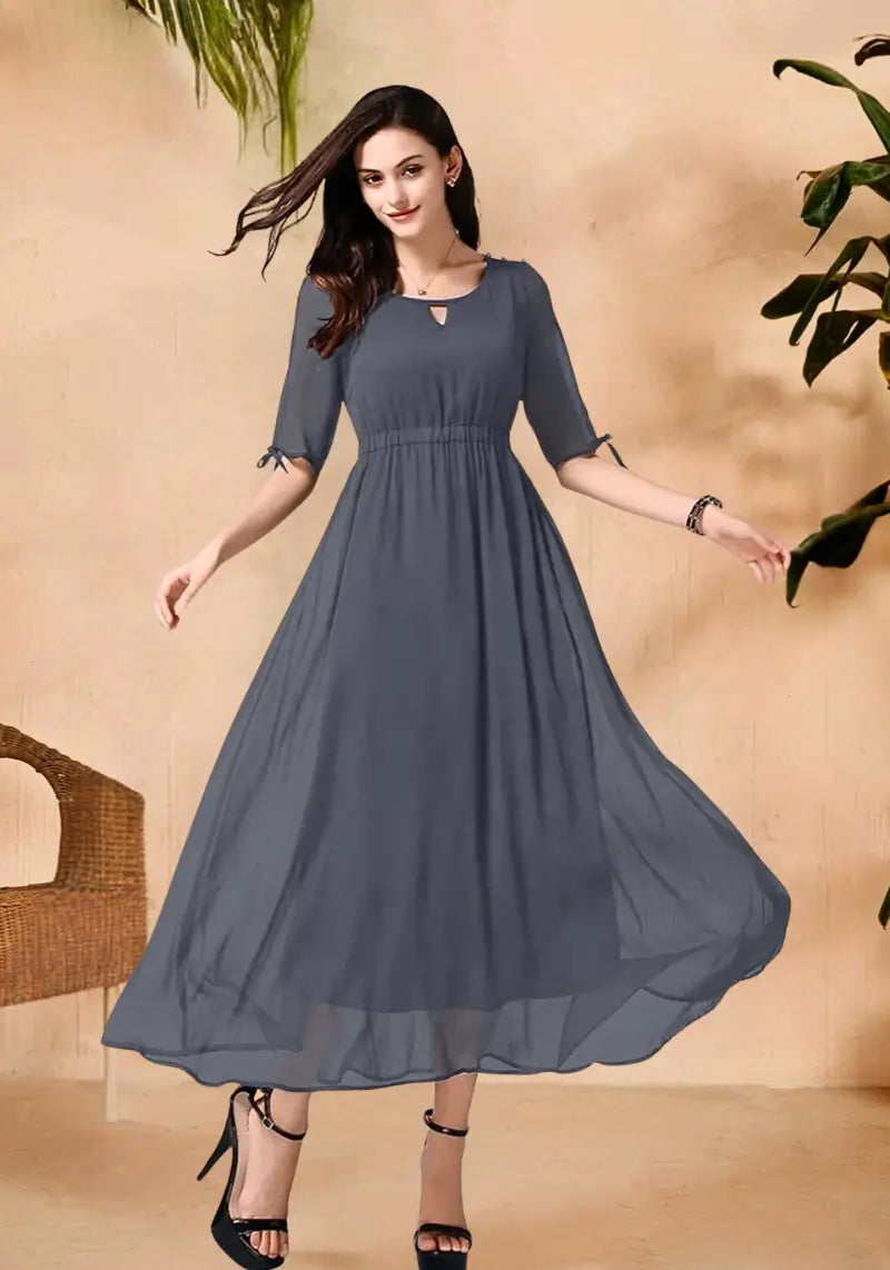 Chic Designer Georgette Waist Elastic Sleeve Dress