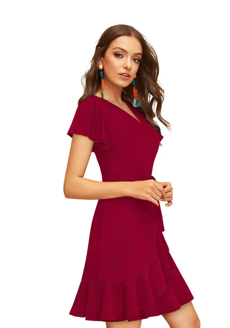 Western V-Neck Flared Sleeves Ruffle Wrap Dress
