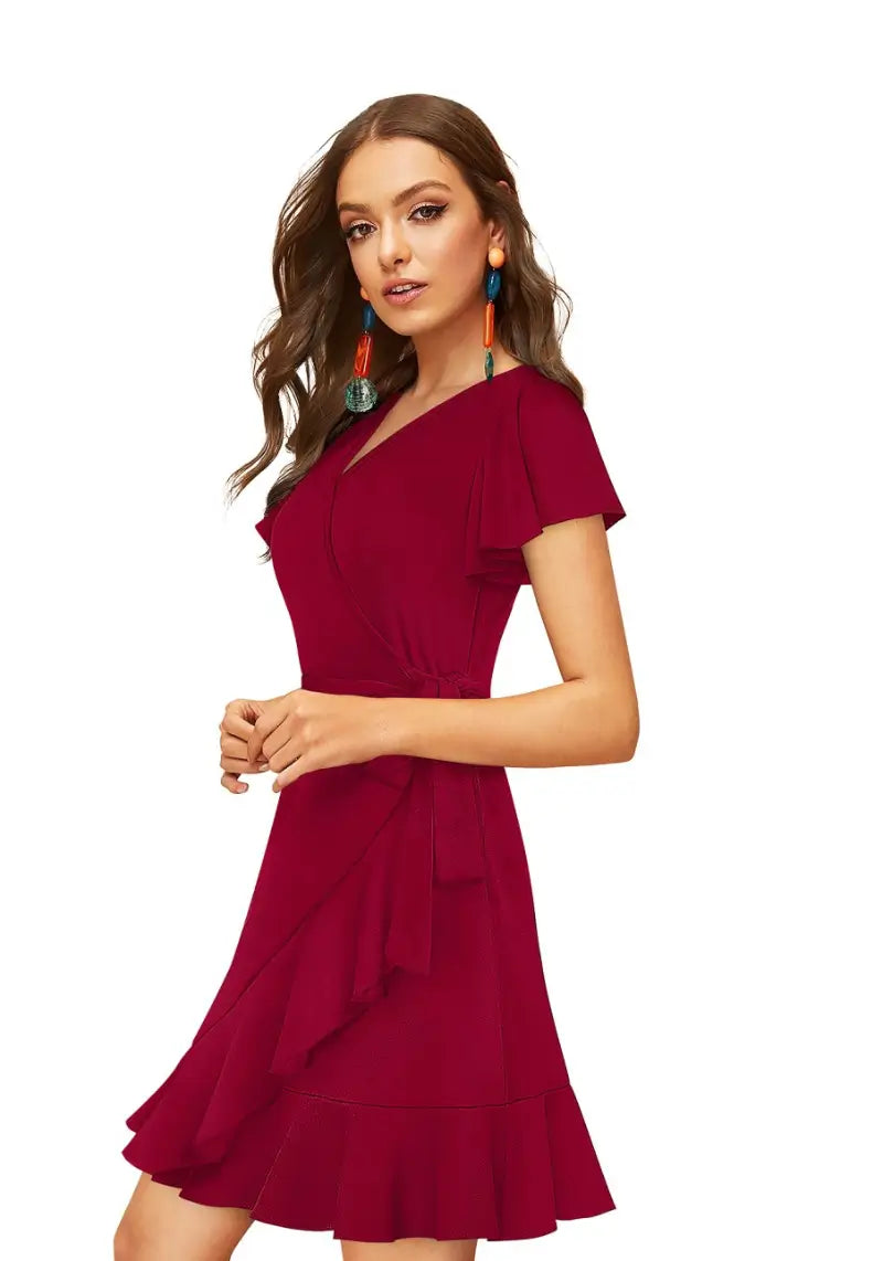 Western V-Neck Flared Sleeves Ruffle Wrap Dress