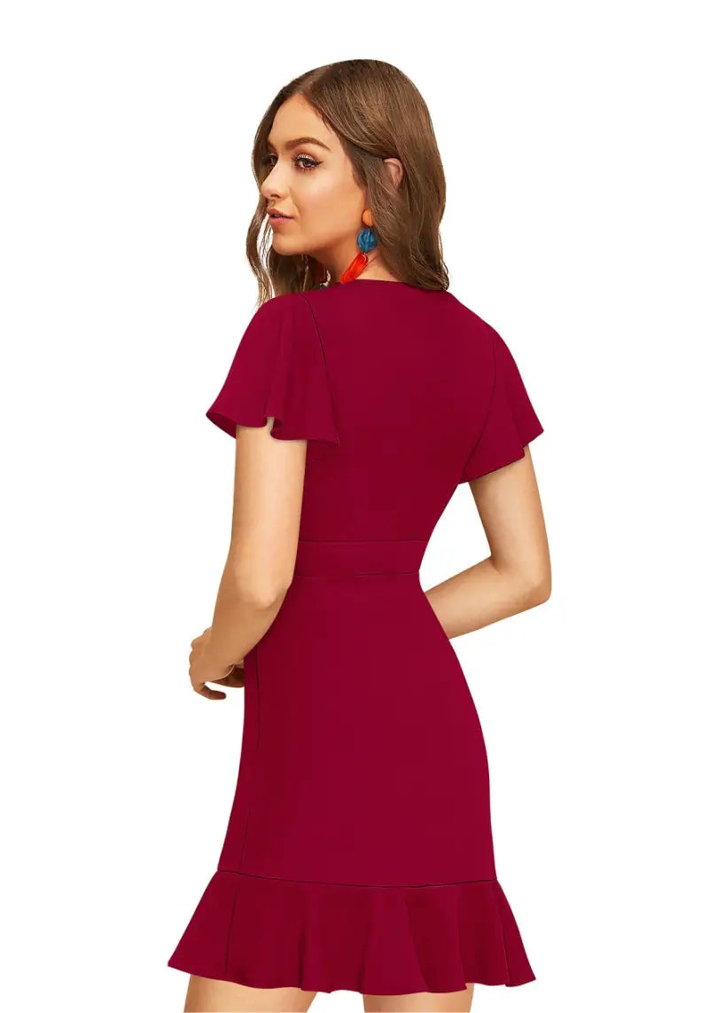 Western V-Neck Flared Sleeves Ruffle Wrap Dress