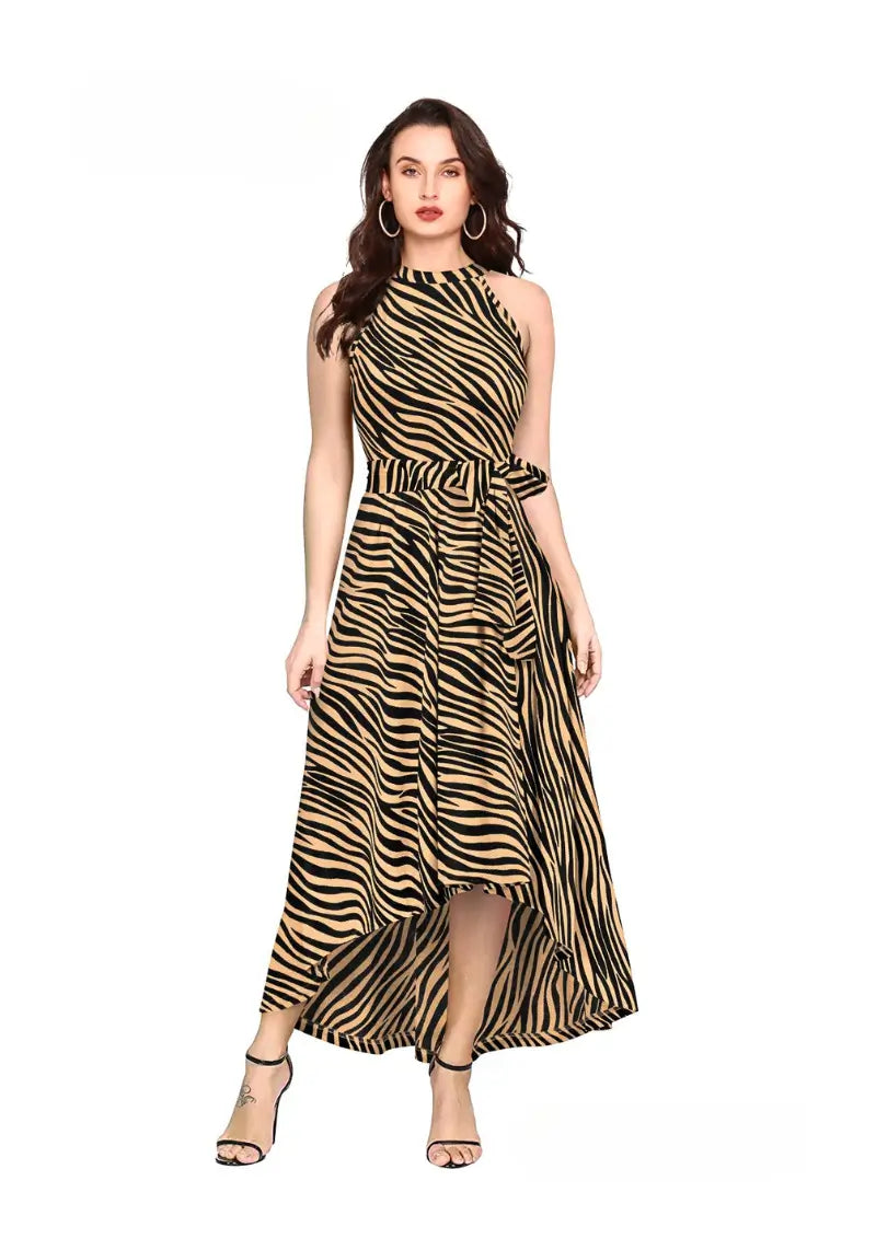 A model wearing a light brown zebra print western one-piece dress with a high-low knee design and a wrap-around belt.