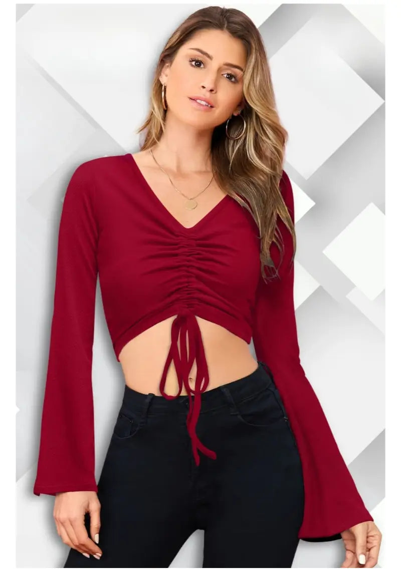 Maroon Bell Sleeves Solid Ruched Front Crop Top