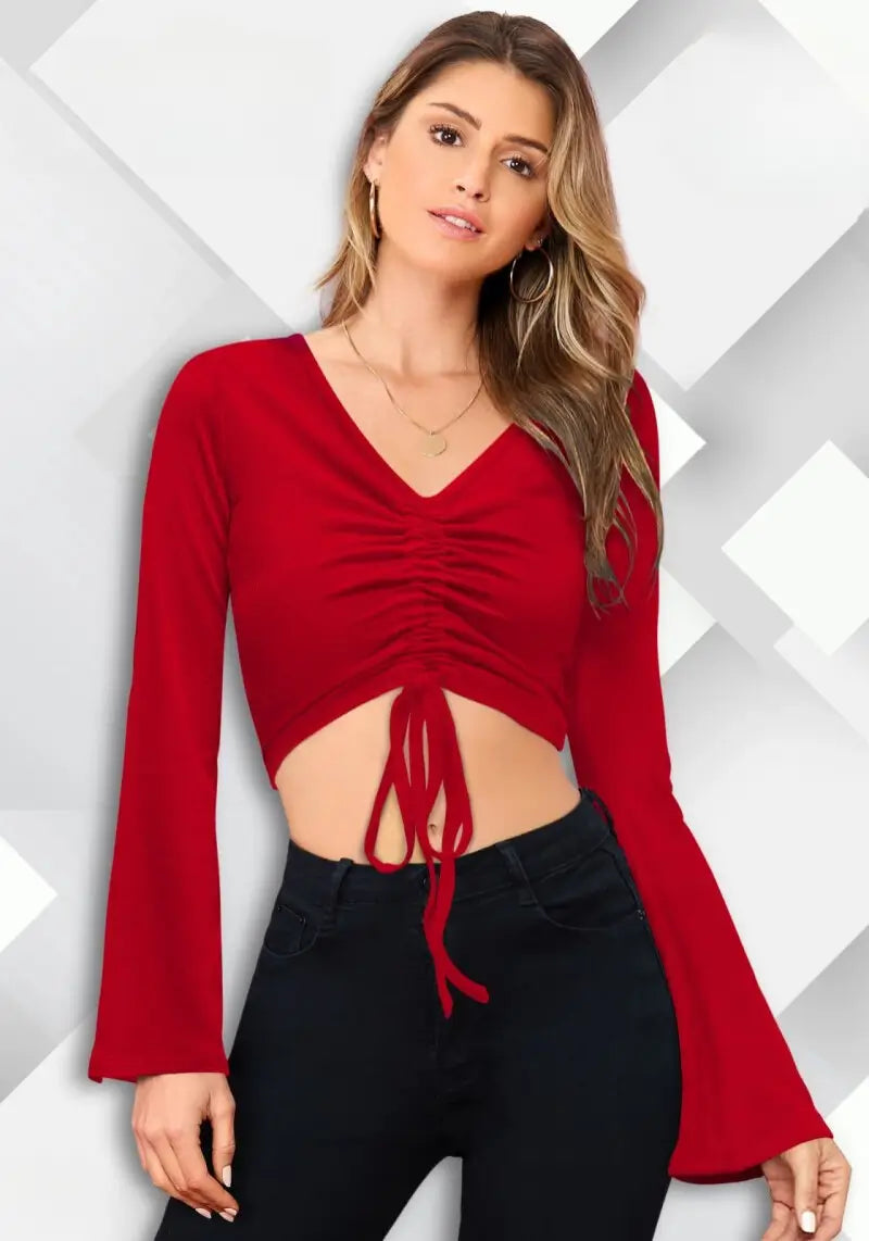Adorable Red Bell Sleeves Ruched Drawstring Front Crop Top