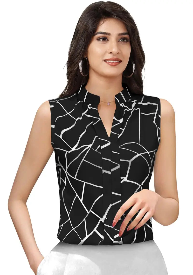 Stylish Geometric Print Sleeveless Top in Soft Cotton Blend