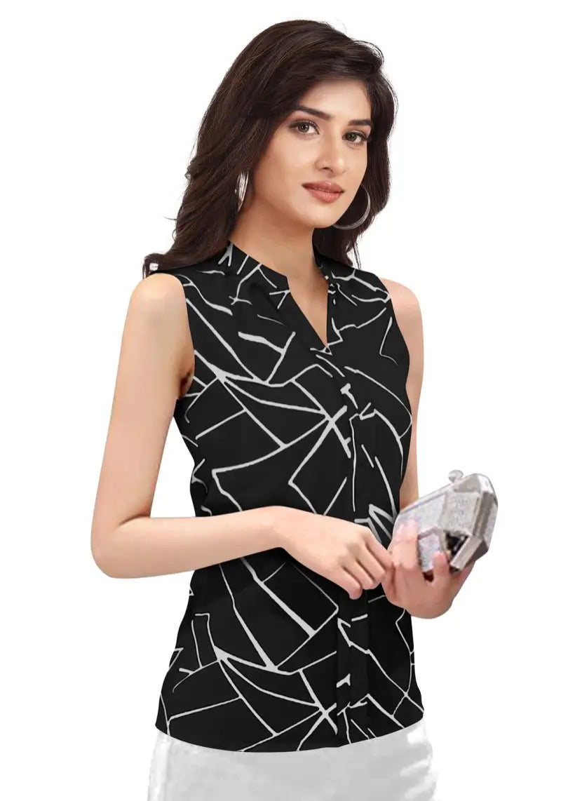Stylish Geometric Print Sleeveless Top in Soft Cotton Blend