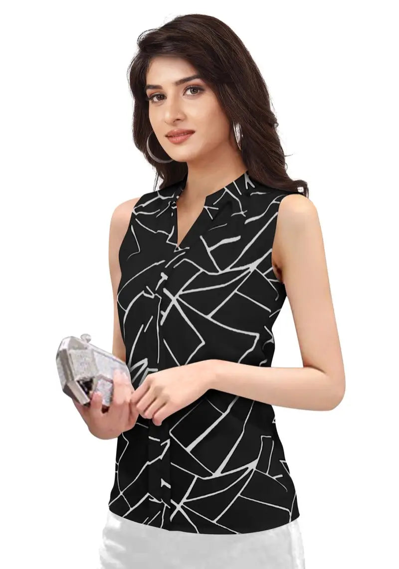 Stylish Geometric Print Sleeveless Top in Soft Cotton Blend