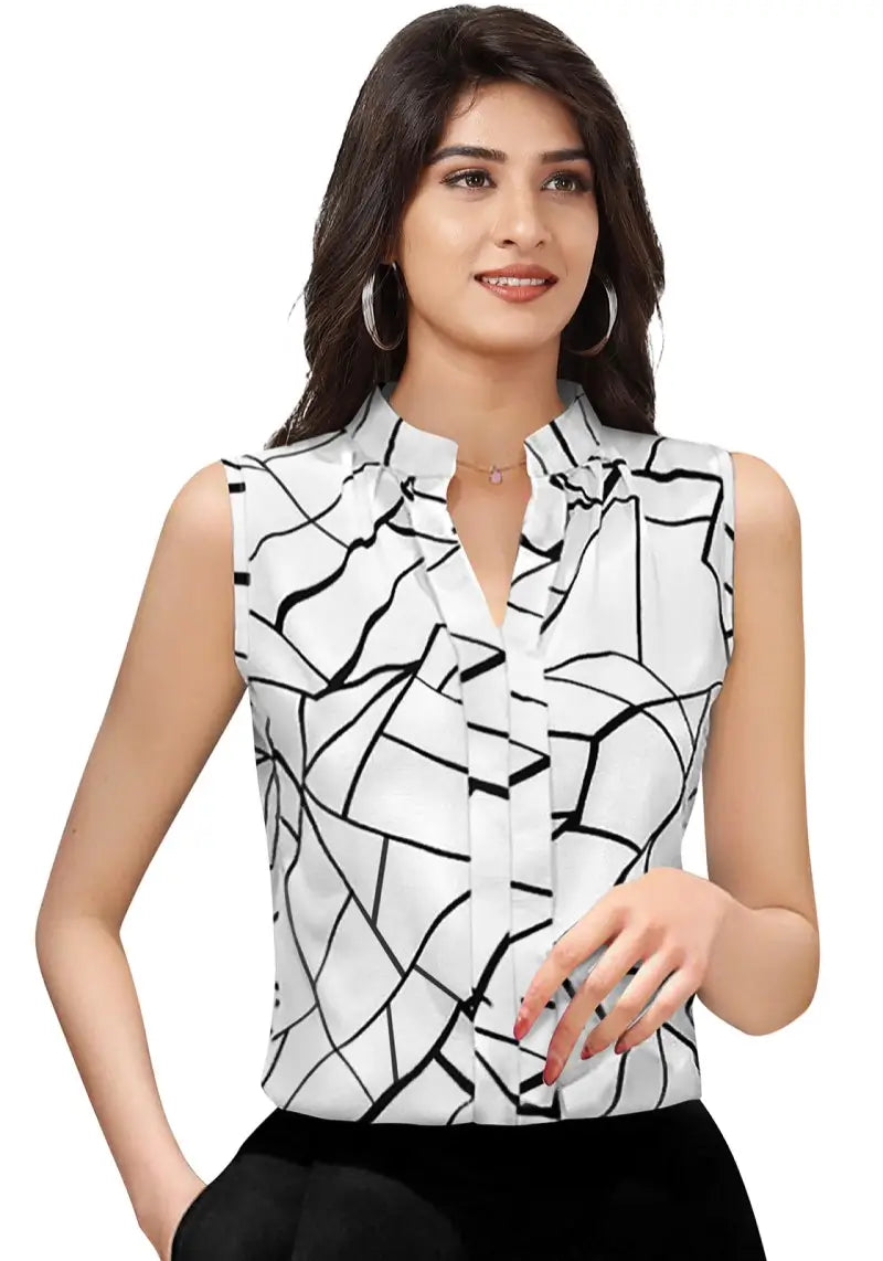 front view of the model wearing stylish geometric print sleeveless top in soft cotton-muscline white