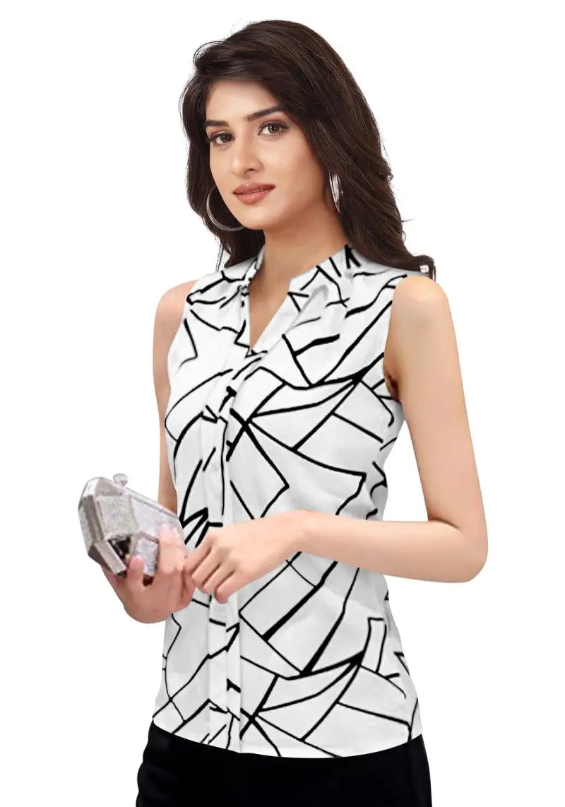 left side view of the model wearing stylish geometric print sleeveless top in soft cotton-muscline white