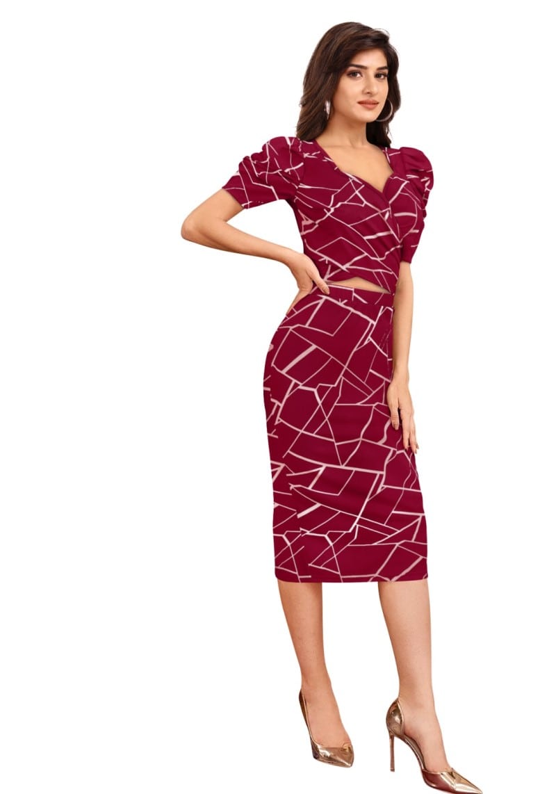 Maroon Geometric Print Puff Sleeves Top and Skirt Set