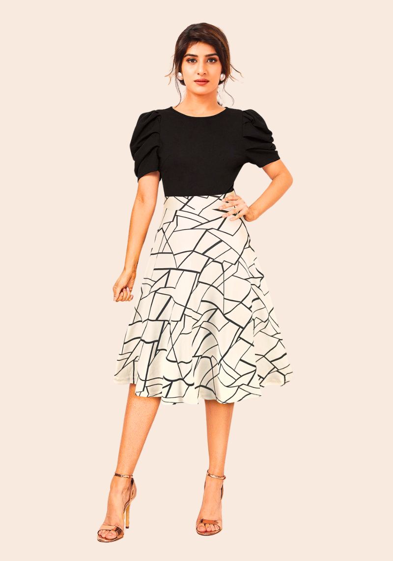 Monochrome Mosaic Fit & Flare Midi Dress with Ruched Sleeves