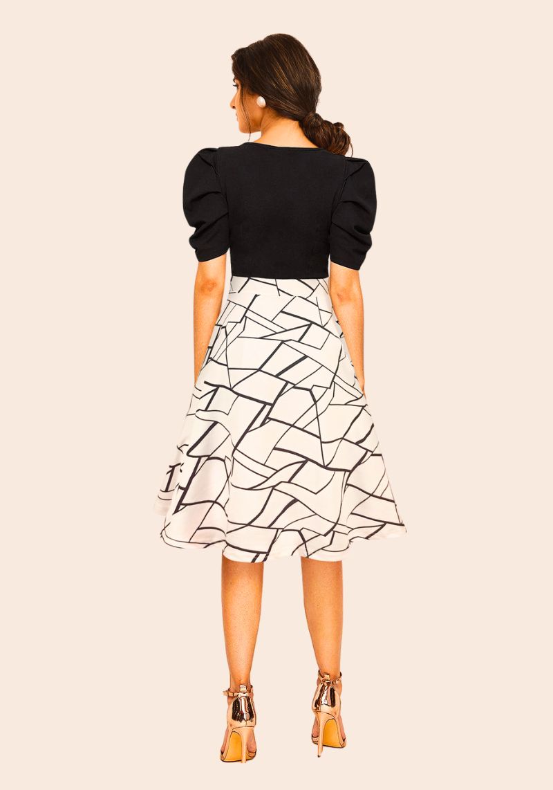 Monochrome Mosaic Fit & Flare Midi Dress with Ruched Sleeves