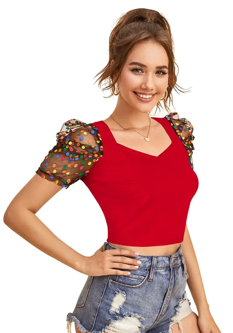 Rich Red Polka-Dot Print Net Sleeves Top