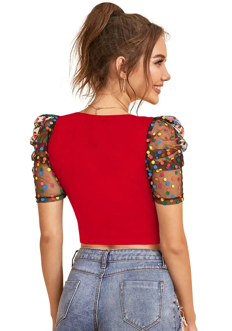 Rich Red Polka-Dot Print Net Sleeves Top