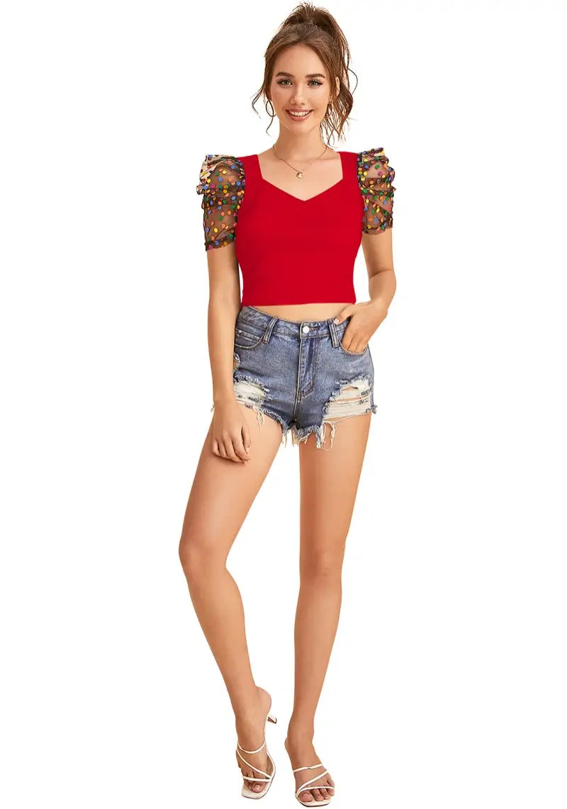 Rich Red Polka-Dot Print Net Sleeves Top