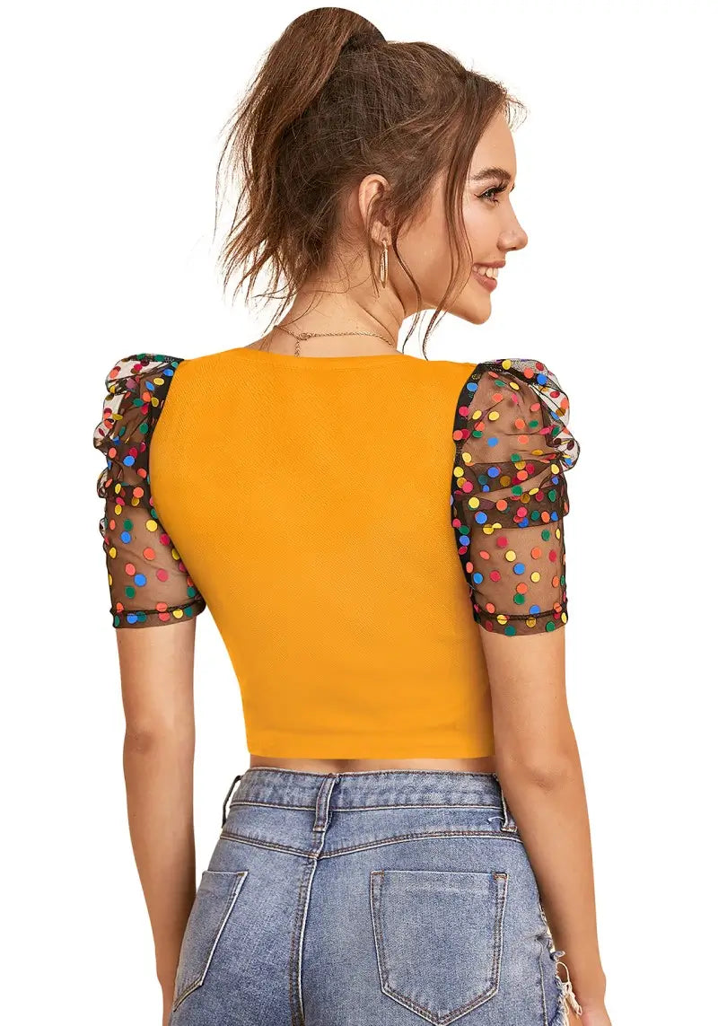 Awesome Yellow Polka-Dot Print Net Sleeves Top