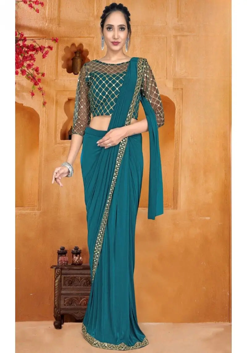 Designer Party Wear Lycra Saree With Stitched Blouse