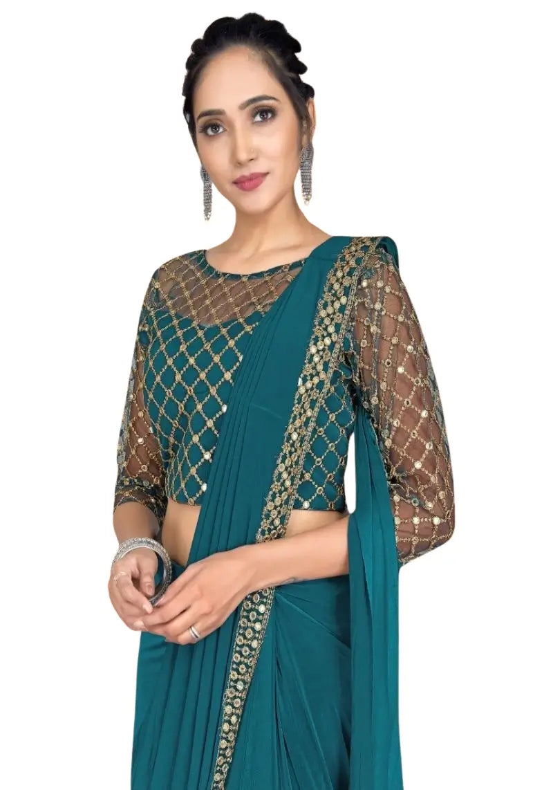 Designer Party Wear Lycra Saree With Stitched Blouse