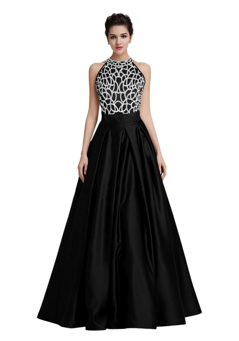 Designer Halter Neck Embroidered Banglori Silk Gown