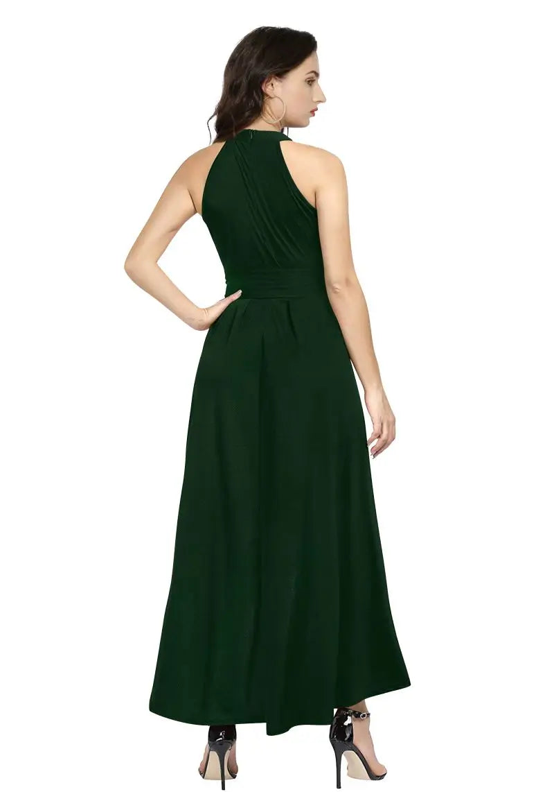 Back view of Women's One Piece Western Wear, green high-low design, 47-inch back length, perfect for parties.