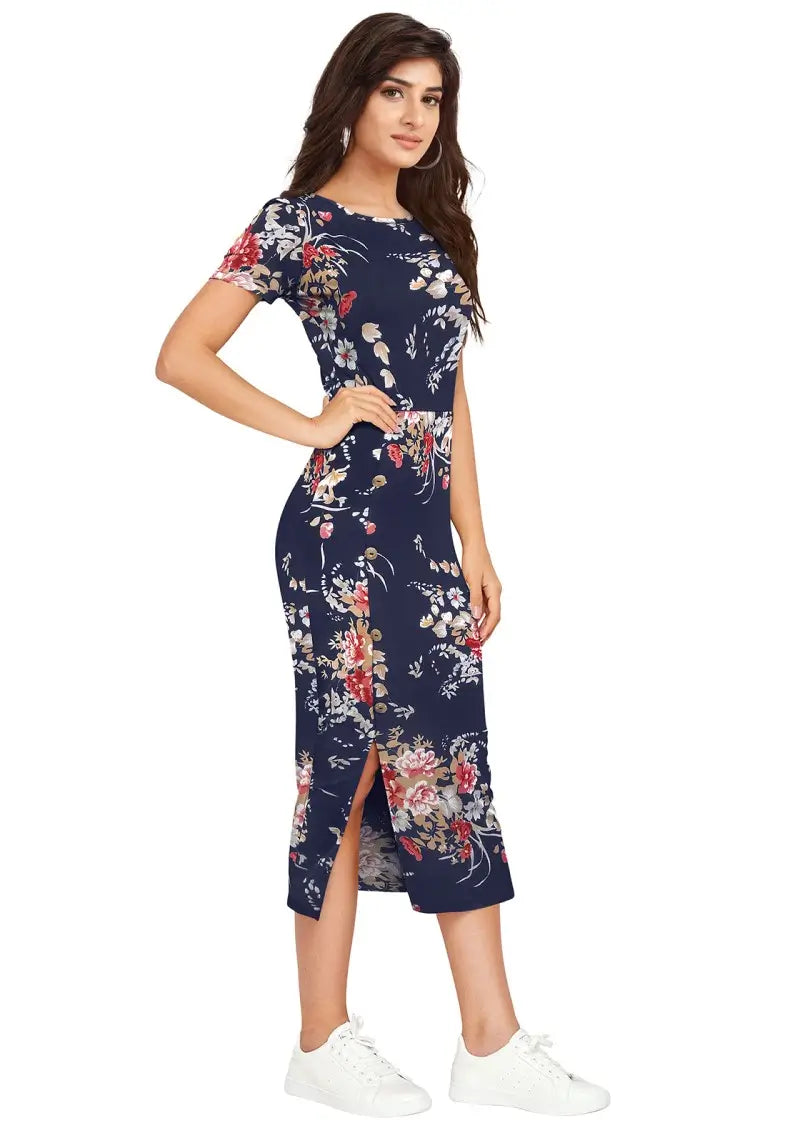 Rt. Side view of the model wearing Enticing Blue Floral Printed Side-Slit Bodycon Dress with short sleeves and a round neckline.