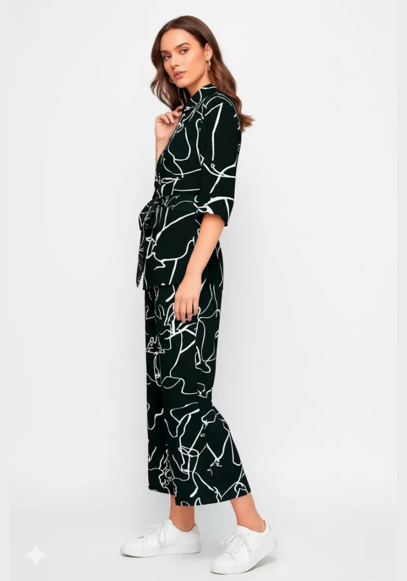 Monochrome Abstract Print Shirt & Culotte Co-Ord Set