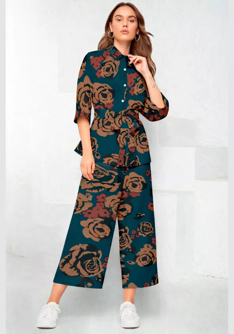 Floral Muse teal printed shirt and culotte co-ord set – front view