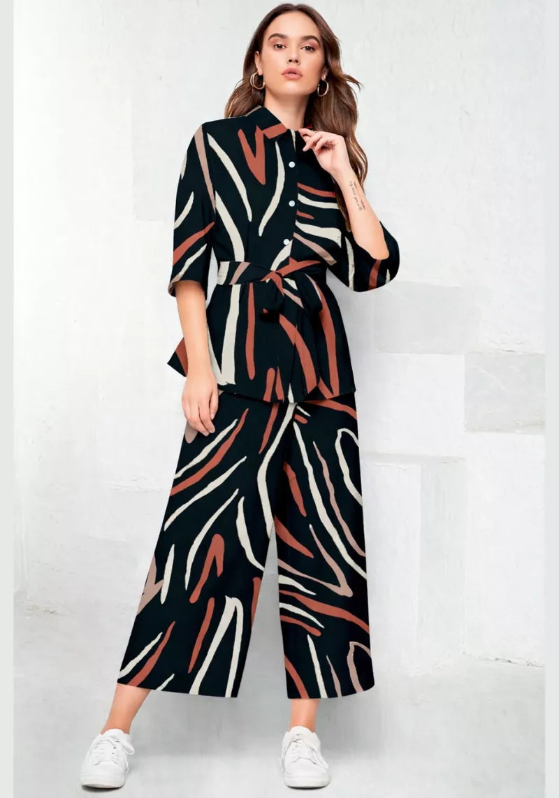 Graphic Brushstroke Abstract Print Shirt & Culotte Co-Ord Set