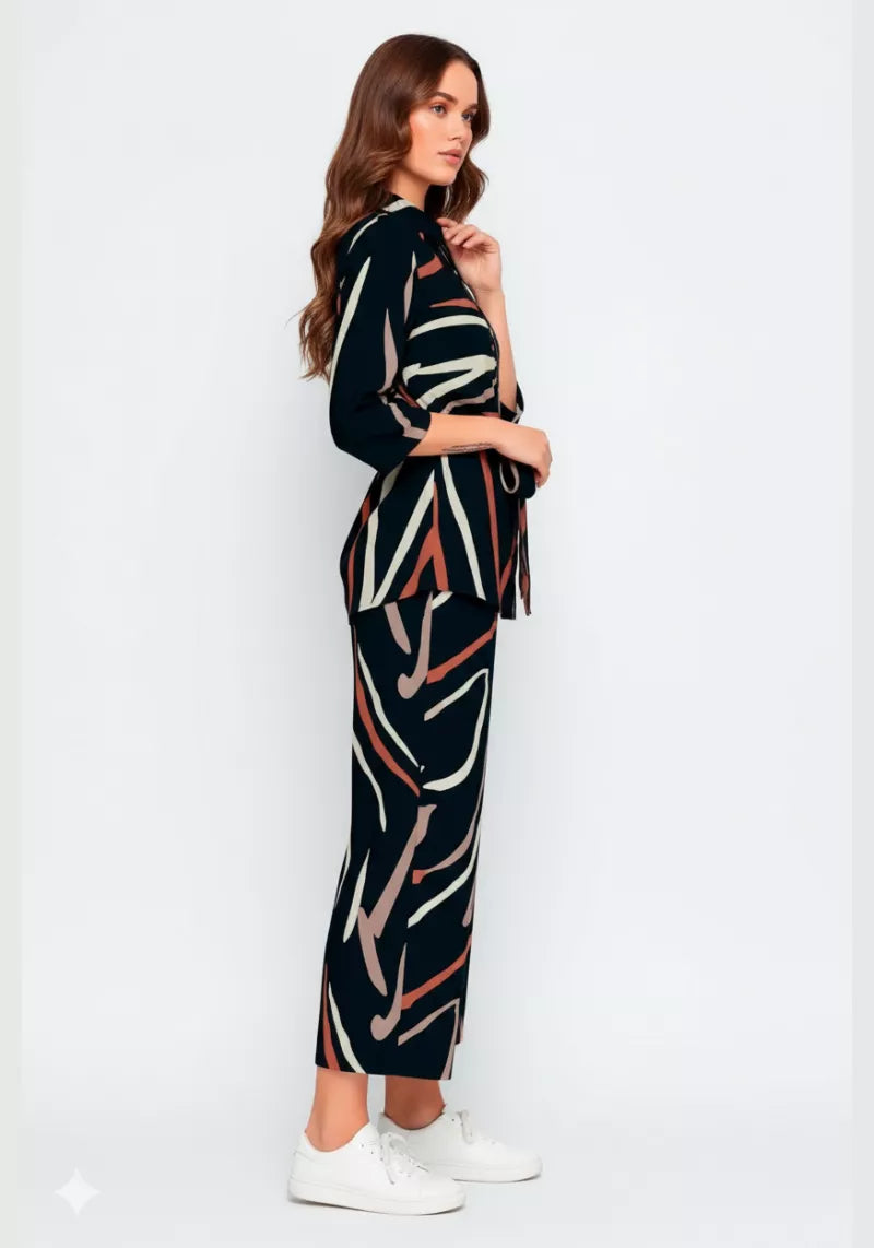 Graphic Brushstroke Abstract Print Shirt & Culotte Co-Ord Set