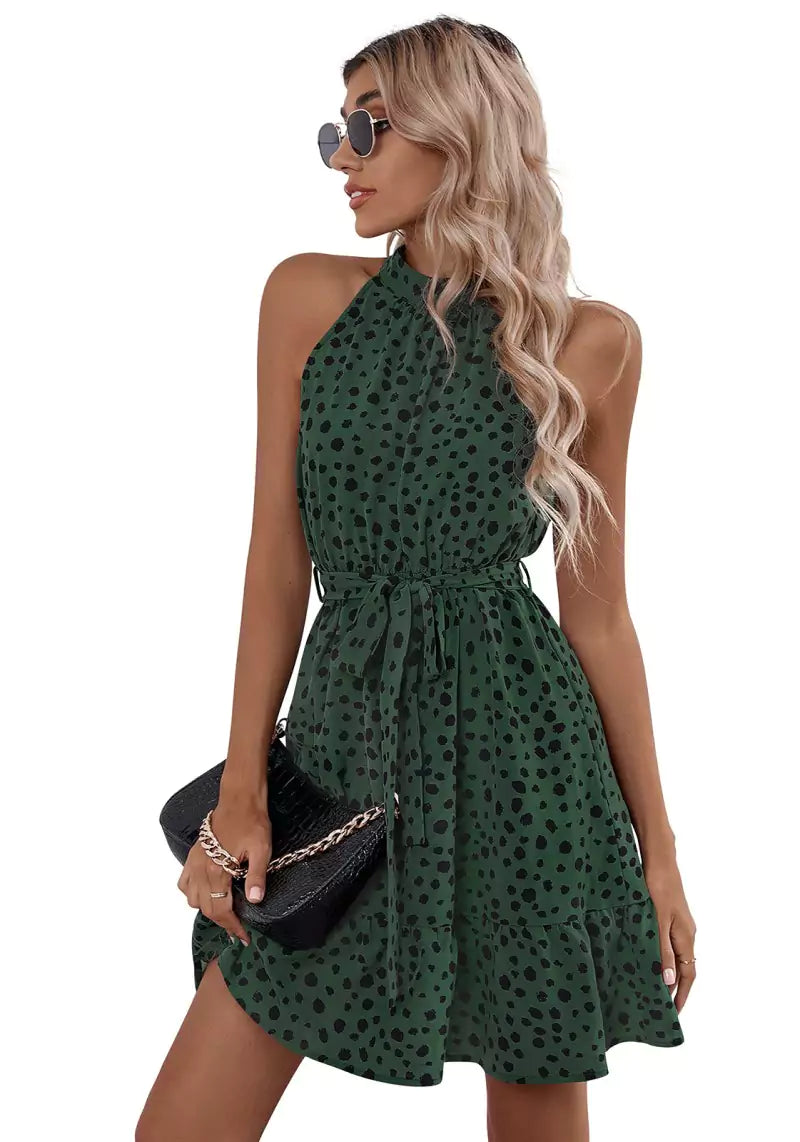 Green Polka Dot Printed Halter Neck Skater Dress