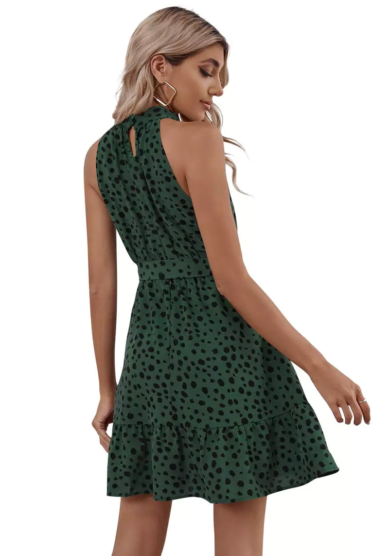Green Polka Dot Printed Halter Neck Skater Dress