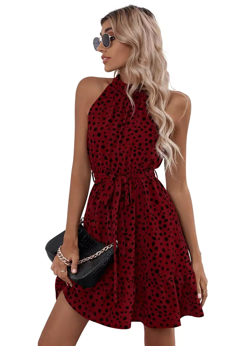 Maroon Polka Print Halter Neck Skater Dress