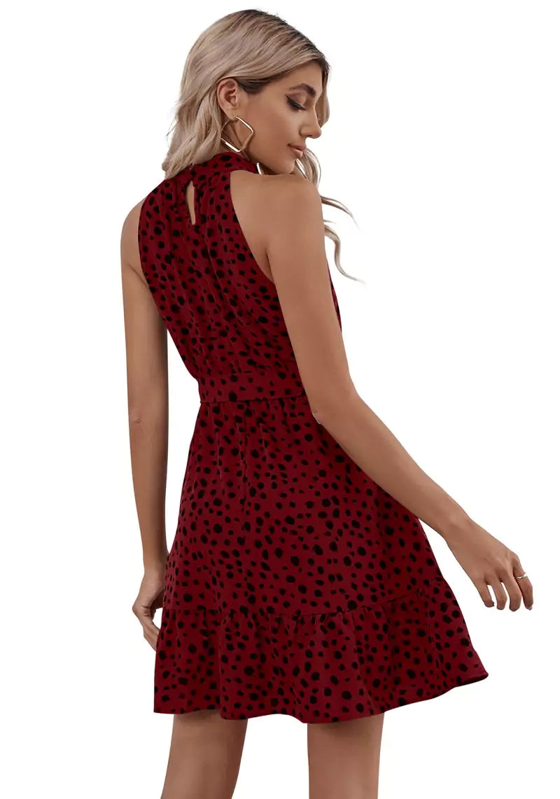 Maroon Polka Print Halter Neck Skater Dress