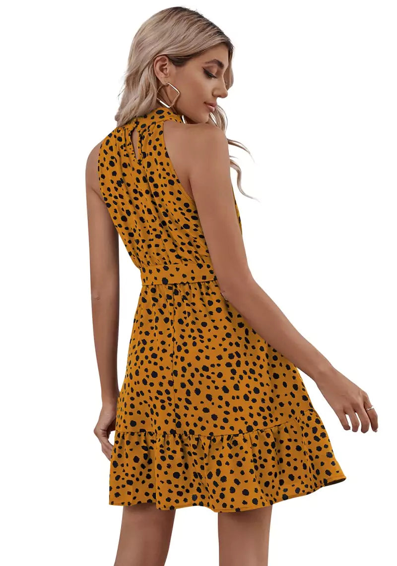 Yellow Polka Print Halter Neck Skater Dress