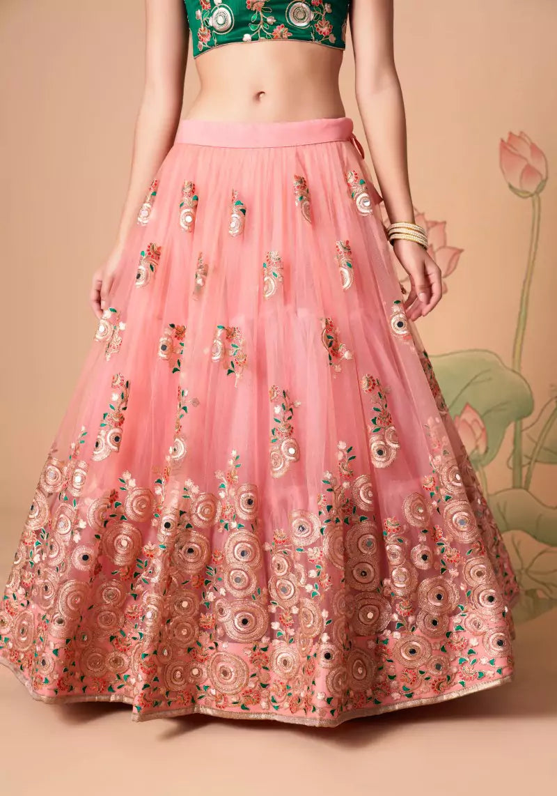 Peach Embroidered Mirror Work Lehenga with Contrast Choli