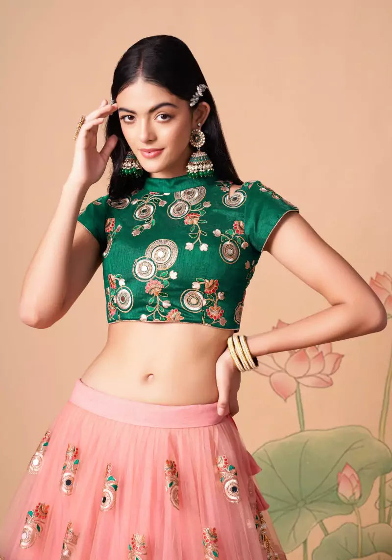 Peach Embroidered Mirror Work Lehenga with Contrast Choli