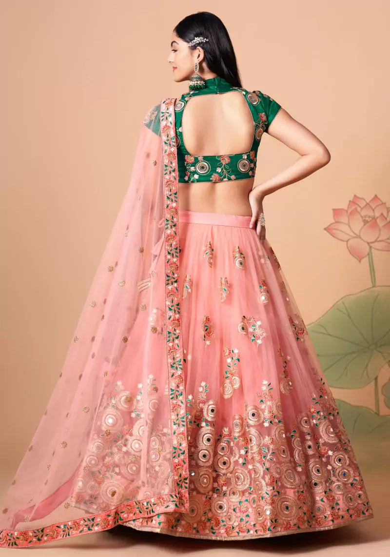 Peach Embroidered Mirror Work Lehenga with Contrast Choli