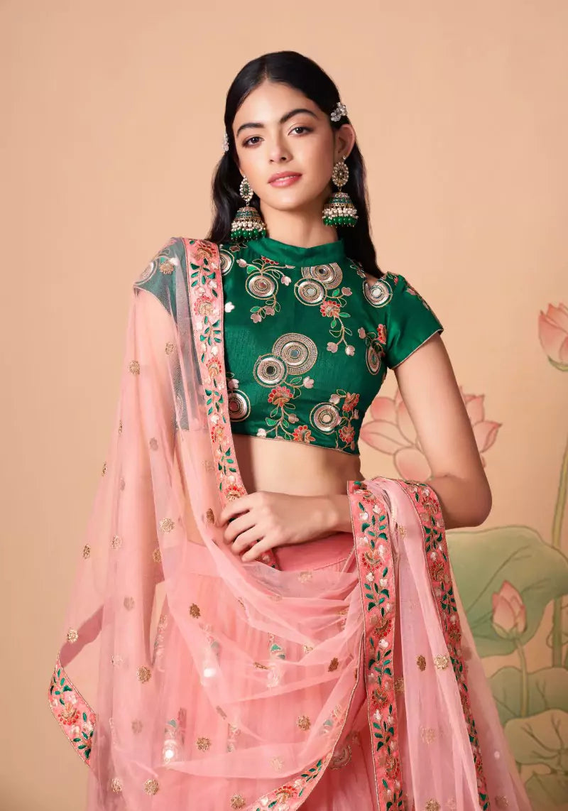 Peach Embroidered Mirror Work Lehenga with Contrast Choli