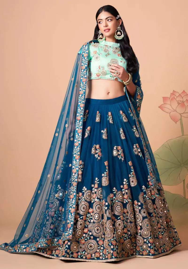 Elegant Dove Blue Mirror Work Embroidered Lehenga Set
