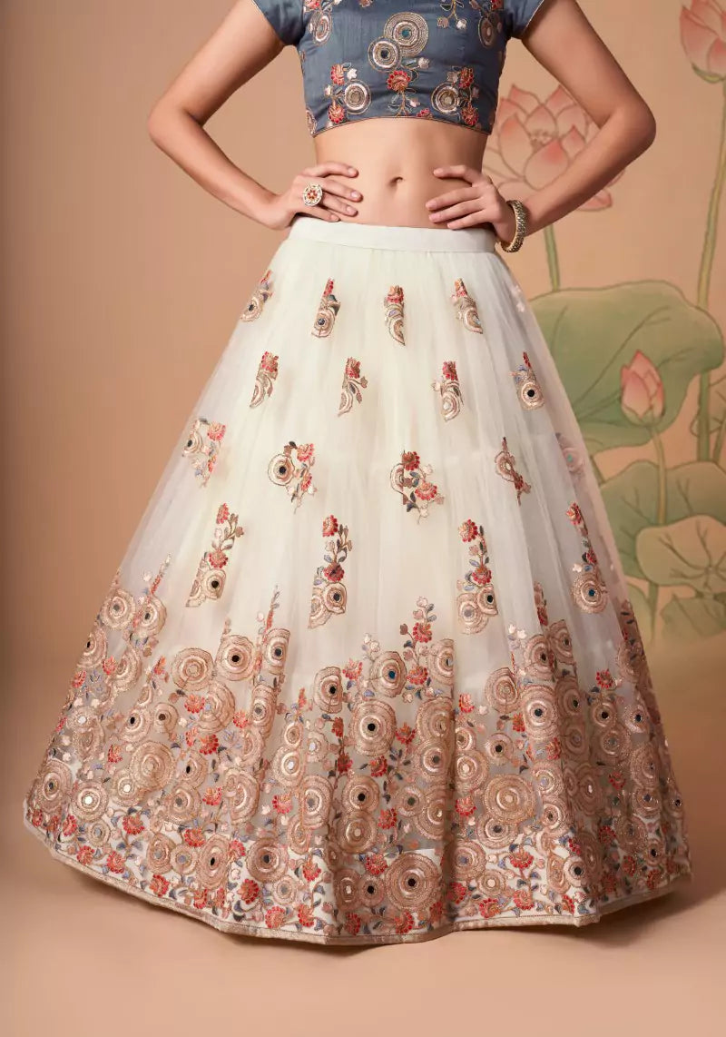 Radiant Off White Mirror Embroidered Lehenga with Elegant Choli & Dupatta