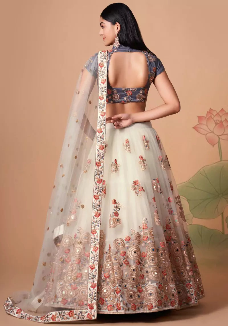 Radiant Off White Mirror Embroidered Lehenga with Elegant Choli & Dupatta