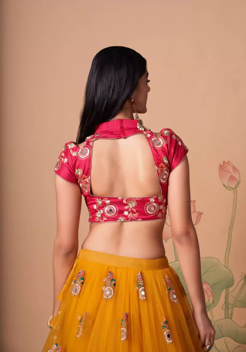 Yellow Embroidered Mirror Work Lehenga with Hot Pink Choli Charm