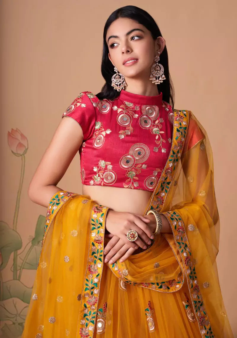 Yellow Embroidered Mirror Work Lehenga with Hot Pink Choli Charm