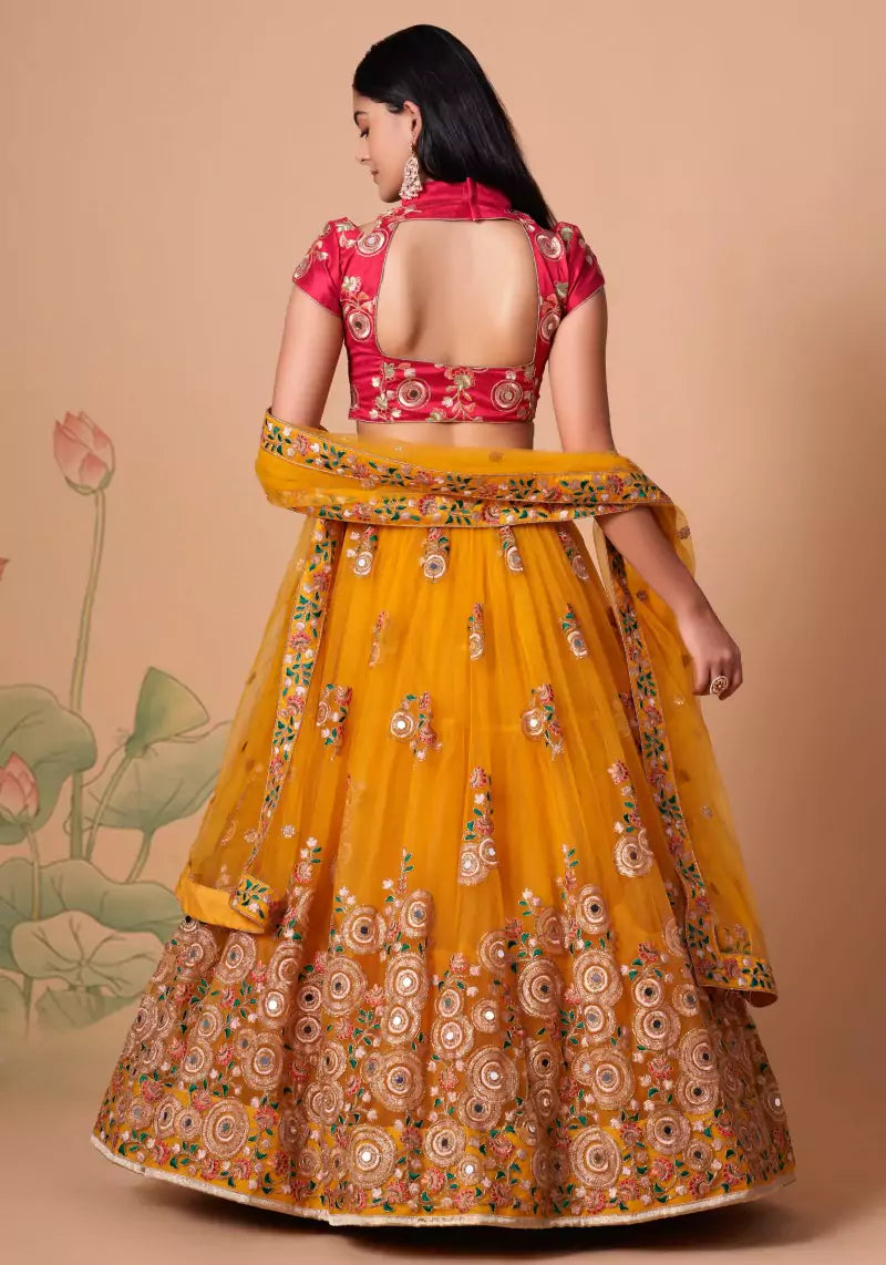 Yellow Embroidered Mirror Work Lehenga with Hot Pink Choli Charm