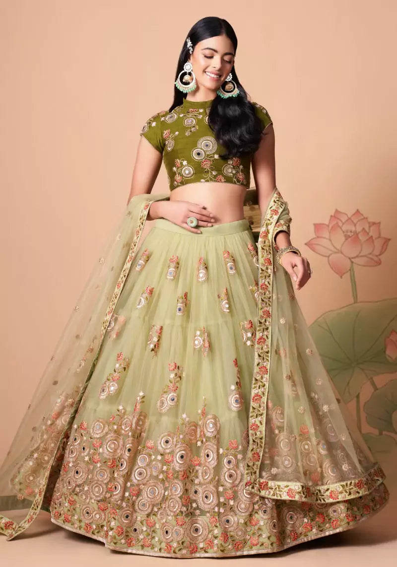 Party Wear Mirror Work Embroidered Lehenga Set